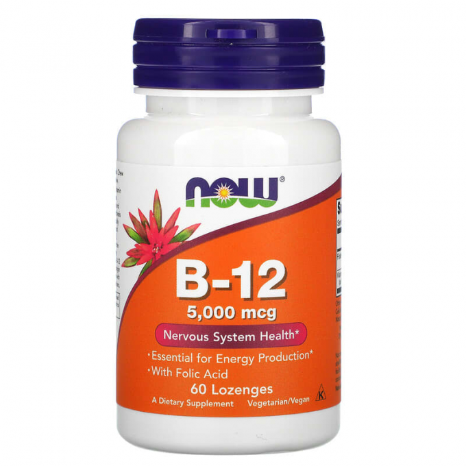 Витамин NOW FOODS B-12 + FOLIC, 5000 мкг, 60 пастилок NS29472